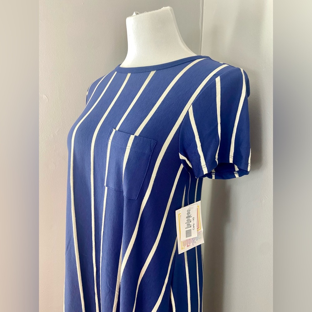 LuLaRoe Carly Dress Blue and White Vertical Stripe - Picture 3 of 7